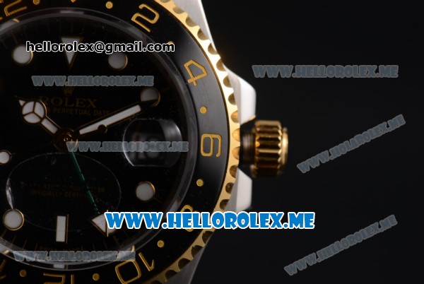 Rolex GMT-Master II Asia 2813 Automatic Two Tone Case/Bracelet with Black Dial and Dot Markers - Click Image to Close